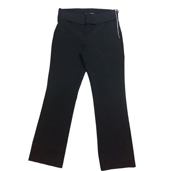 Zara Women Size Large Black Ponte Knit Fold Over Waist Pants Exposed Silver Zip - Picture 1 of 9